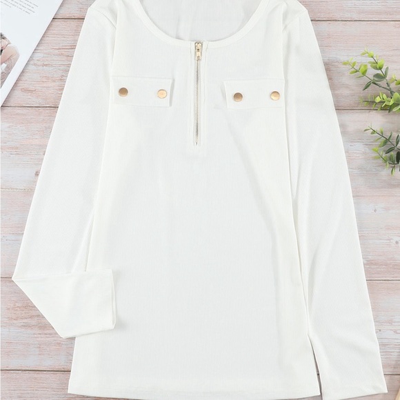 White Ribbed Zipper Long Sleeved Top - Picture 8 of 9